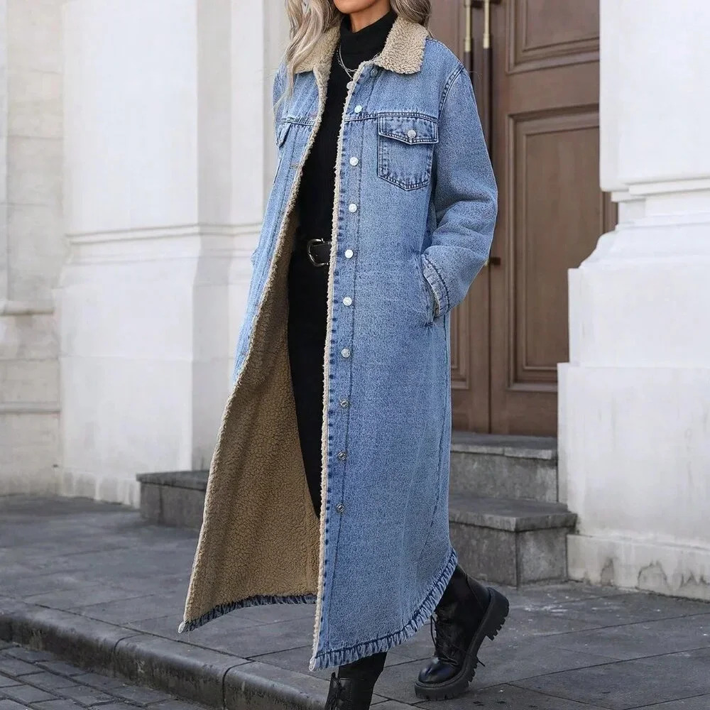 Blue Casual Women's Trendy Fleece-Lined Long Denim Jacket - Picture 2 of 7